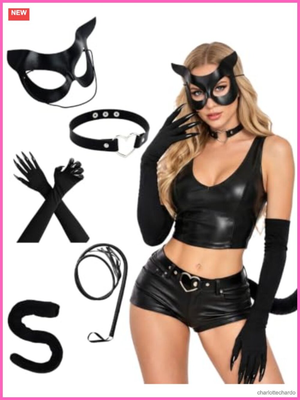 5Pc Cat Woman Cosplay Costume Set Eye Mask Whip Gloves Tail Collar